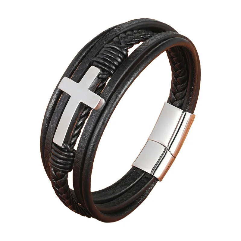 Braided Leather Bracelet with Cross, 316L Stainless Steel