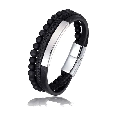 Bracciale in pelle blu intrecciata con perle di occhio di tigre, acciaio inossidabile