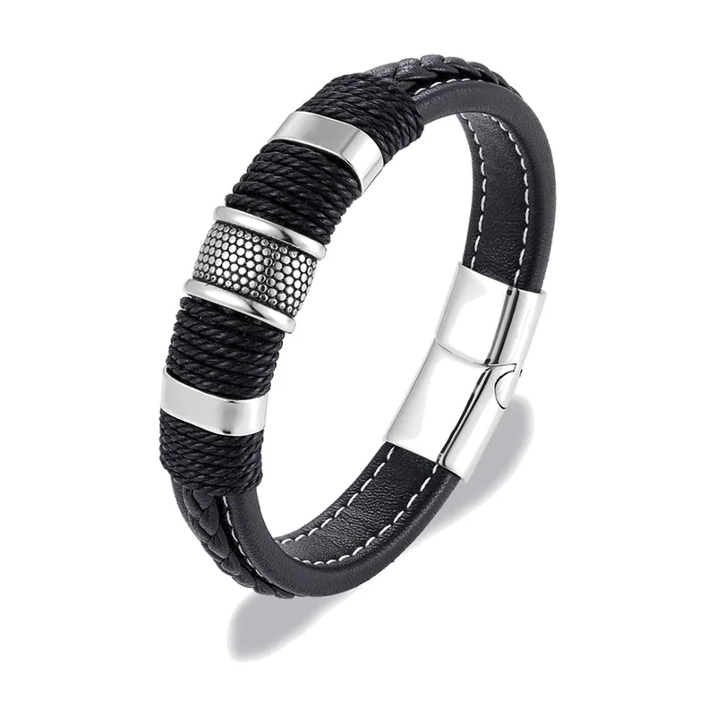 Geflochtenes Lederarmband mit Edelstahl-Elementen und Magnetverschluss