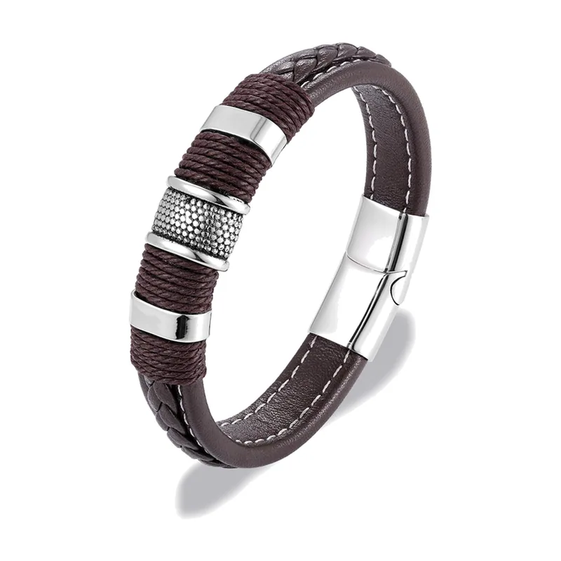 Bracelet en Cuir Tressé et Acier Inoxydable, Fermoir Magnétique