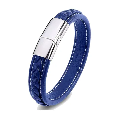 Bracciale in pelle intrecciata blu con chiusura magnetica in acciaio 316L
