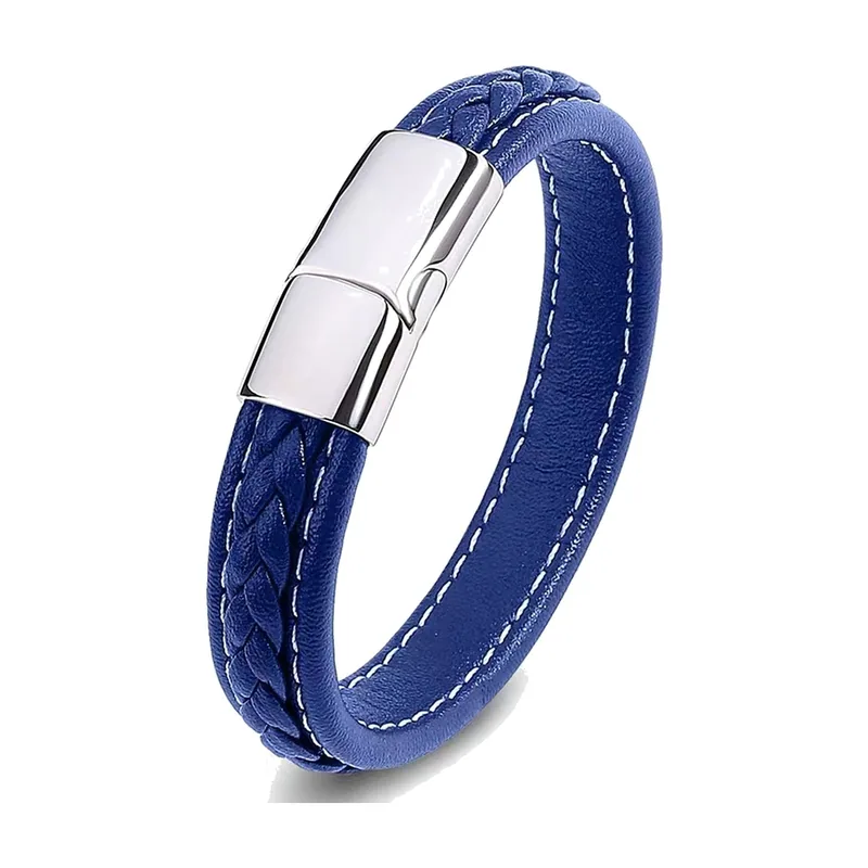 Braided Blue Leather Bracelet with 316L Stainless Steel Magnetic Clasp