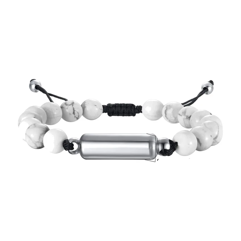 Bracelet Urne Funéraire avec Perles de Pierre Blanche, Acier Inoxydable