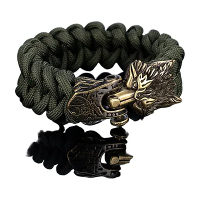 Viking Wolf Head Bracelet with Nordic Runes, Braided Cord