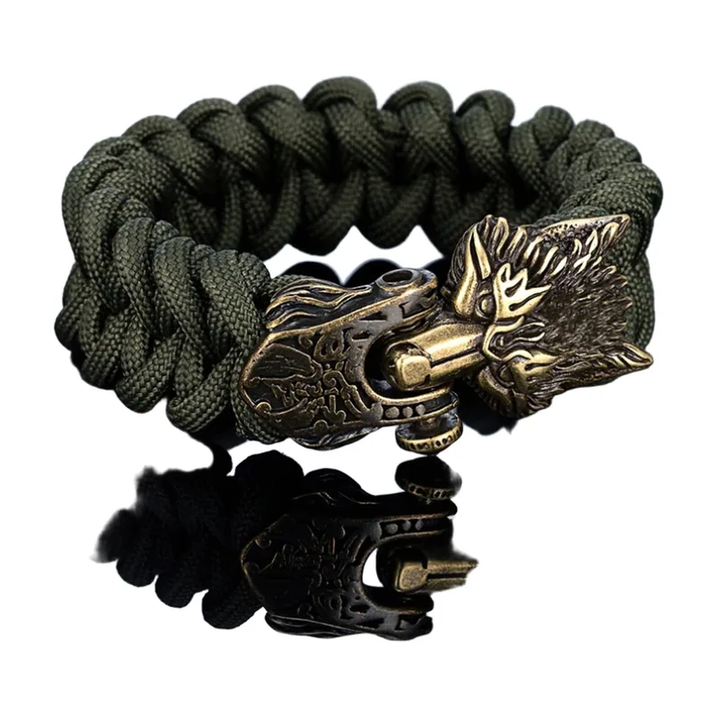 Wikinger Wolfskopf Armband mit nordischen Runen, geflochtene Kordel