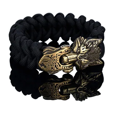 Viking Wolf Head Bracelet with Norse Runes, Braided Cord