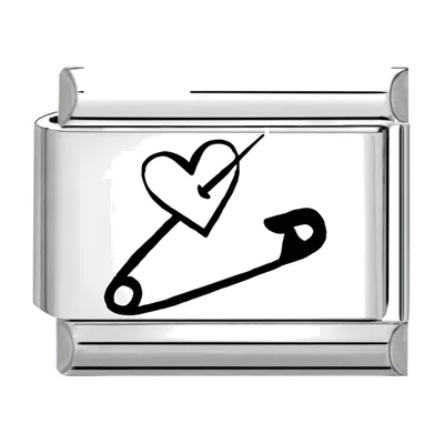 Bracciale Charm Italiano con Cuore e Spilla da Balia, Acciaio Inossidabile