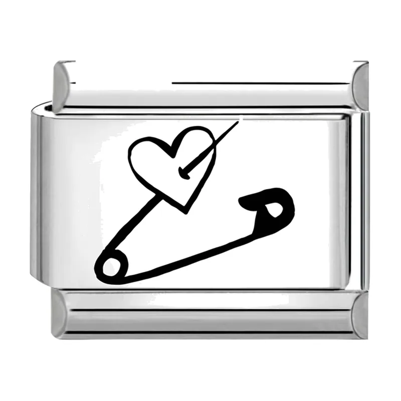 Pulsera de Charms Italianos con Corazón e Imperdible, Acero Inoxidable