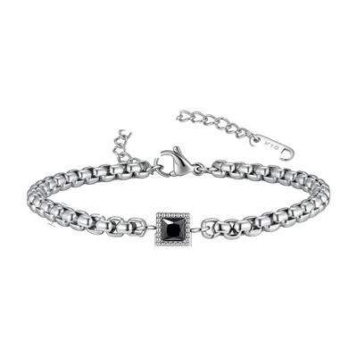 Pulsera de Eslabones Cuadrados con Piedra Negra Cuadrada, Acero Inoxidable