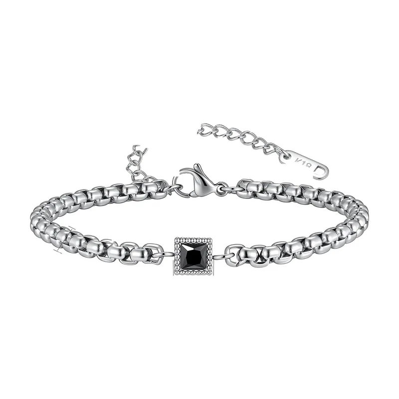 Box Link Chain Bracelet with Square Black Stone, Stainless Steel
