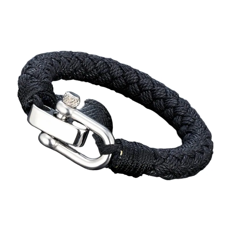 Nautical Braided Cord Bracelet with Shackle Clasp, Stainless Steel