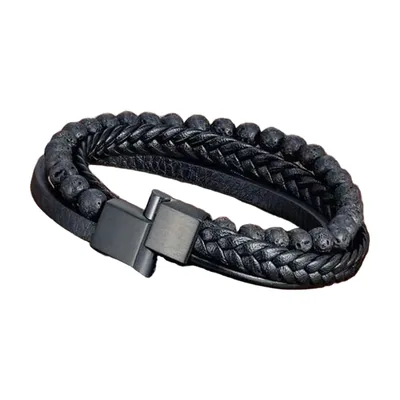 Bracciale in pelle intrecciata e pietre vulcaniche, acciaio inossidabile