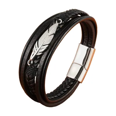 Multi-Layer Leather Bracelet with Feather Charm, Stainless Steel