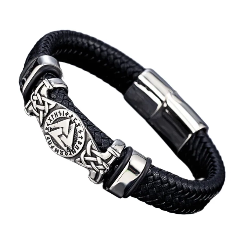 Valknut Wikinger Armband aus geflochtenem Leder, Edelstahl
