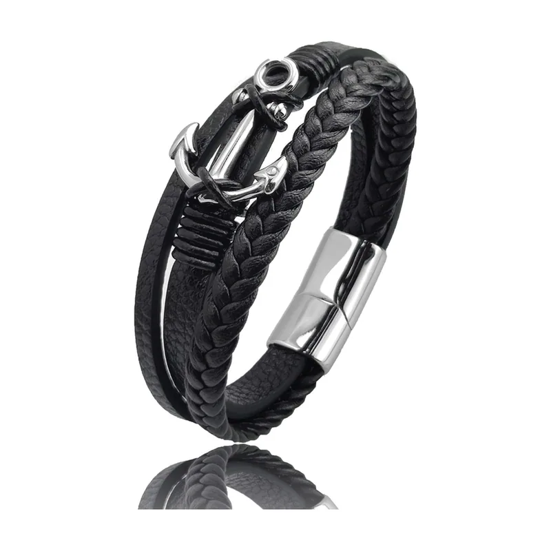 Braided Leather Bracelet with Cross Charm, Stainless Steel