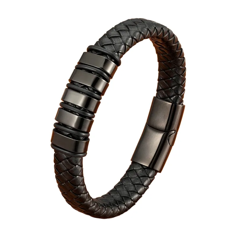 Braided Leather Bracelet with Stainless Steel Bands