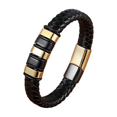 Bracciale in pelle intrecciata con perle in acciaio inossidabile