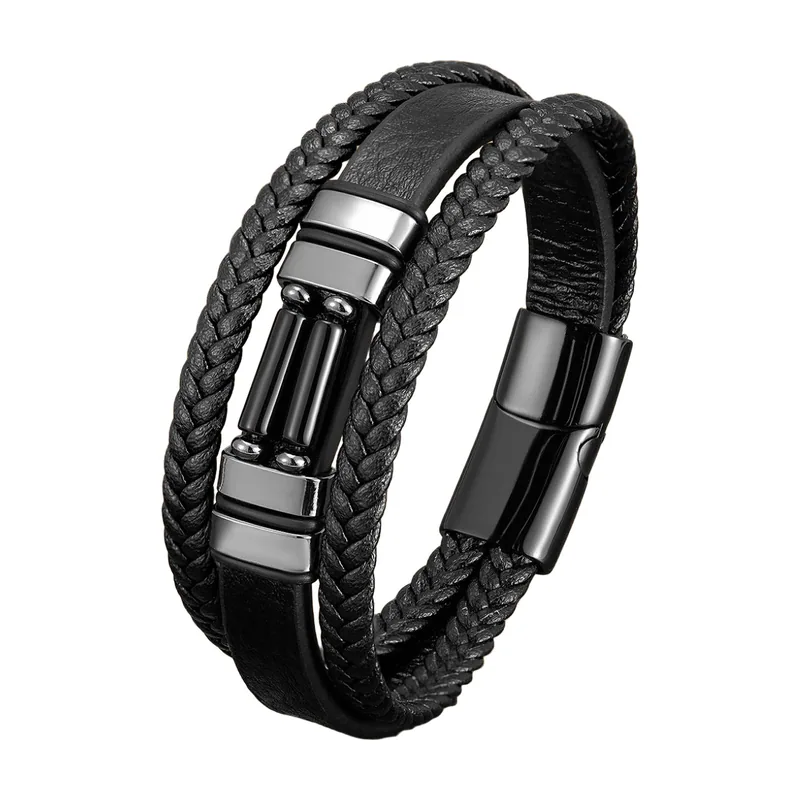 Bracelet en cuir multicouche avec perles de pierre Chakra, Acier Inoxydable