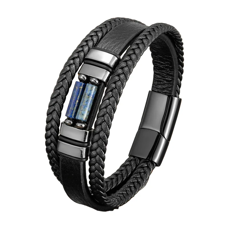 Multi-Layer Braided Leather Bracelet with Chakra Stones, Stainless Steel