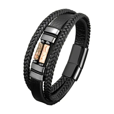 Multi-Layer Braided Leather Bracelet with Chakra Stones, Stainless Steel