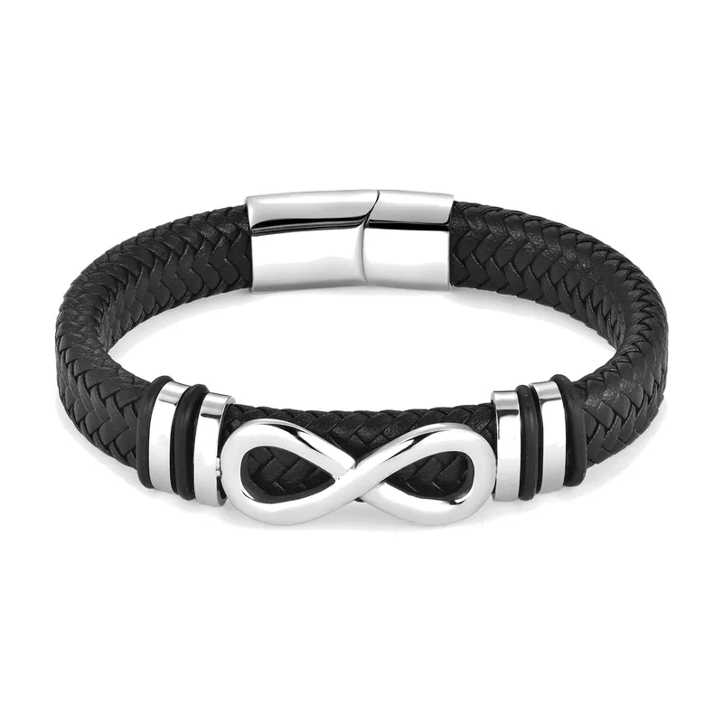Braided Leather Bracelet with Infinity Symbol, Stainless Steel
