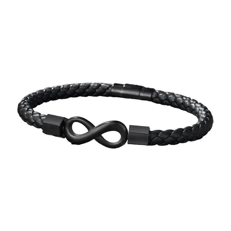 Braided Leather Bracelet with Infinity Symbol, Stainless Steel