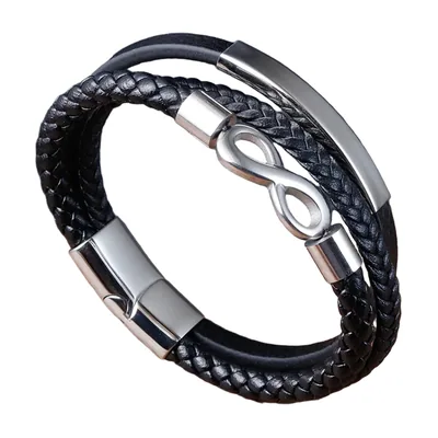 Bracciale in Pelle Intrecciata con Simbolo dell'Infinito, Acciaio Inox