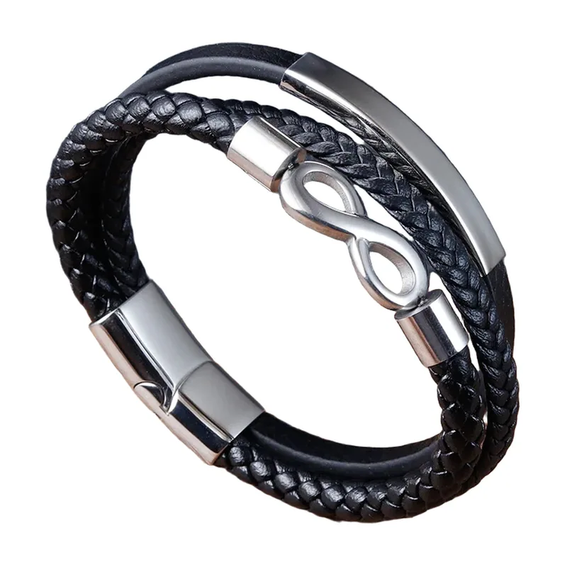 Bracelet en Cuir Tressé avec Symbole Infini, Acier Inoxydable