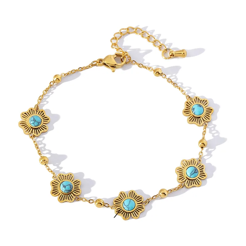 Herren Armband mit Blumen-Motiv und Türkis-Stein, Edelstahl