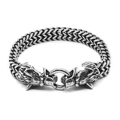 Viking Wolf Head Bracelet, 316L Stainless Steel Wheat Chain