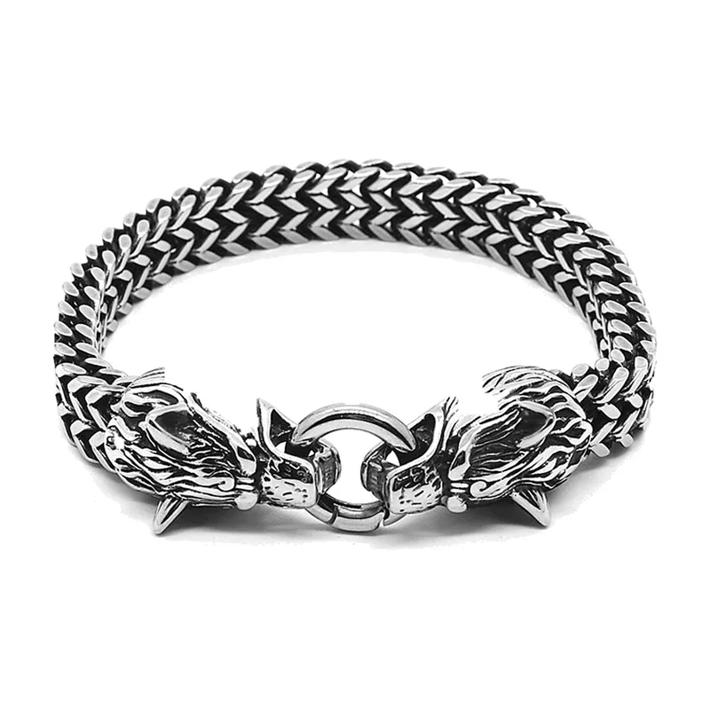 Wikinger Wolfskopf Armband, Ährenkette aus 316L Edelstahl