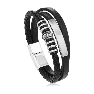 Braided Leather Wrap Bracelet with Stainless Steel Accents