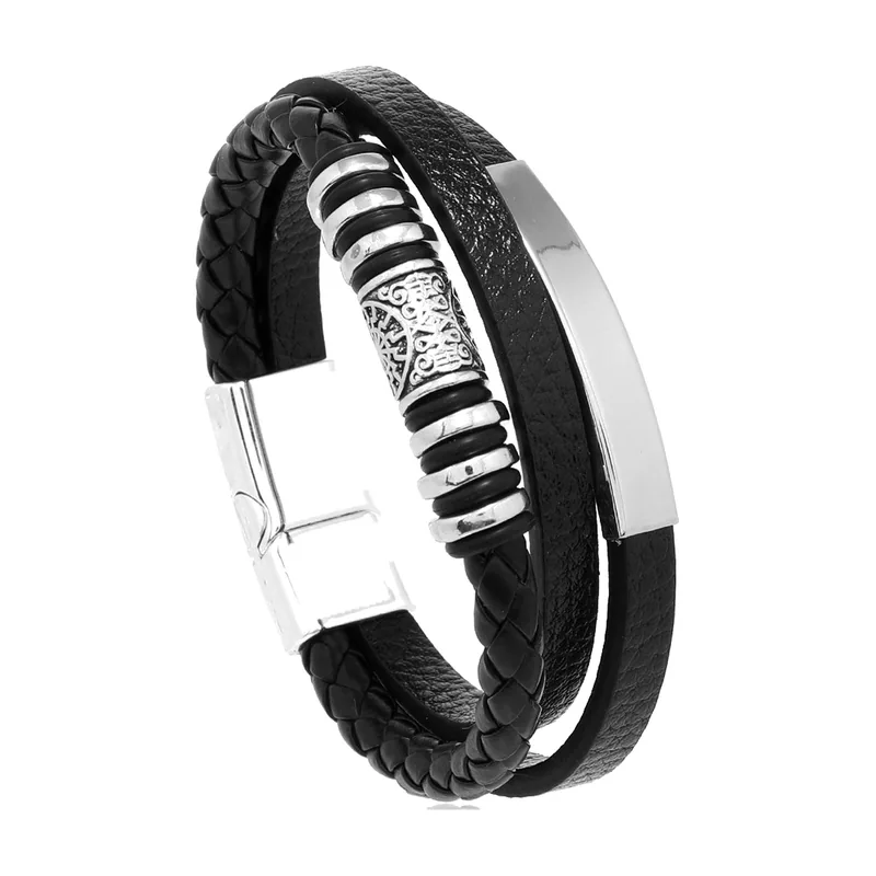 Multi-Layer Braided Leather Bracelet, 316L Stainless Steel