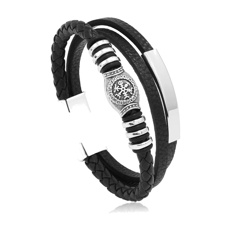 Geflochtenes Lederarmband mit Wikinger-Motiv, Edelstahl