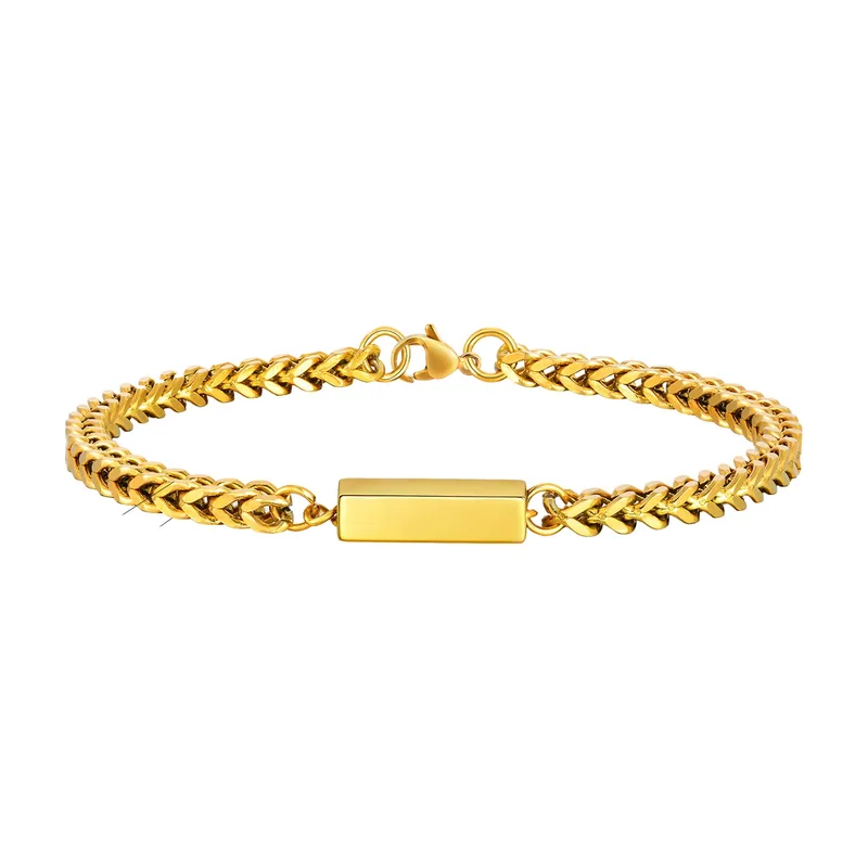 Square Link Chain Bracelet with Rectangular Bar, Stainless Steel