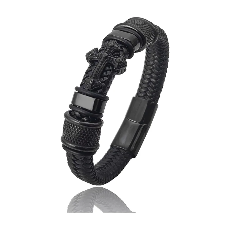 Pulsera de cuero trenzado con motivo de Cruz, Acero Inoxidable 316L