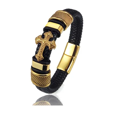 Pulsera de cuero trenzado con motivo de Cruz, Acero Inoxidable 316L – Dorado