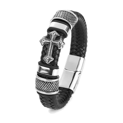 Pulsera de cuero trenzado con motivo de Cruz, Acero Inoxidable 316L – Plata
