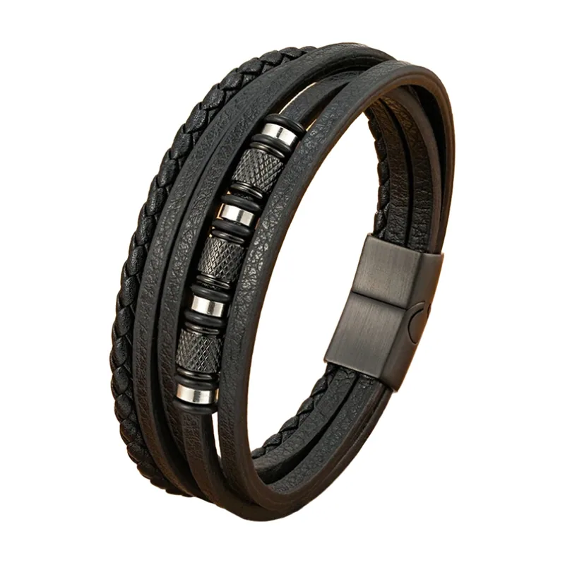 Multi-Layer Leather Bracelet with 316L Stainless Steel Accents