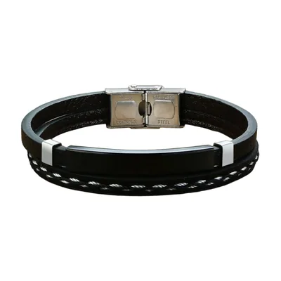 Bracciale Wrap in Pelle Intrecciata con Barra in Acciaio Inox