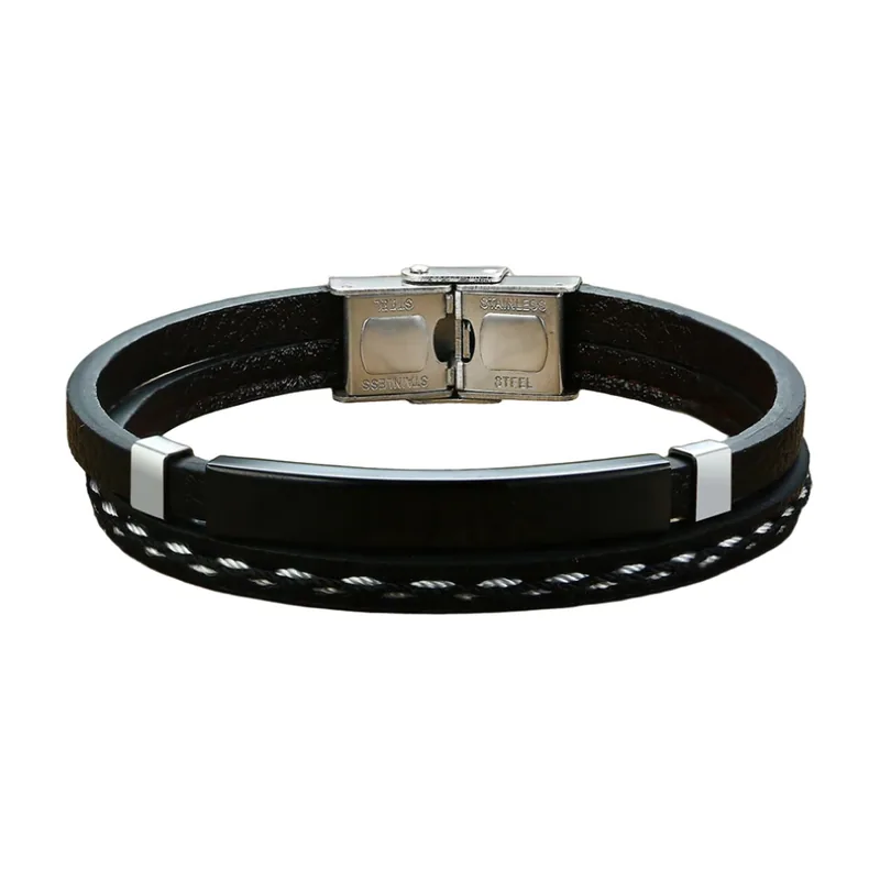 Braided Leather Wrap Bracelet with Stainless Steel Bar
