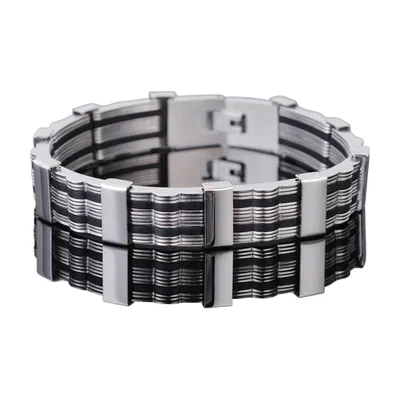 Bracciale a Maglie Geometriche con Silicone Nero, Acciaio Inossidabile