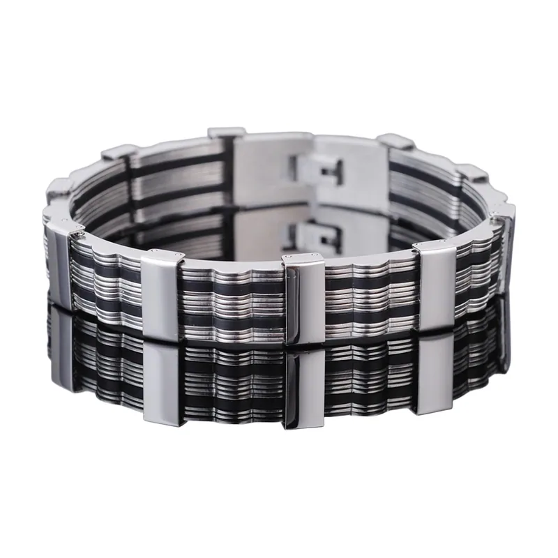 Geometric Link Bracelet with Black Silicone, Stainless Steel