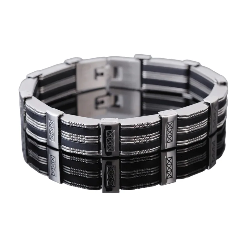 Bracciale a Maglie Geometriche in Silicone Nero e Acciaio Inossidabile 316L