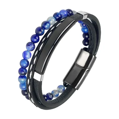 Bracciale in pelle multistrato con occhio di tigre, acciaio inossidabile