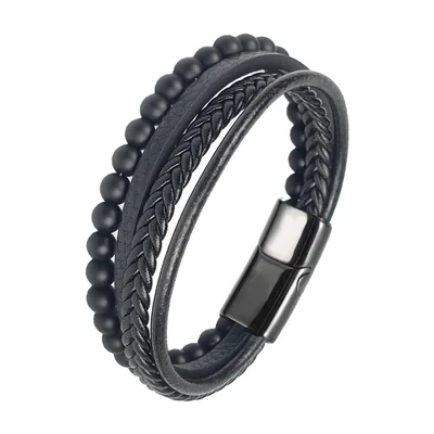 Multi-Layer Braided Leather Bracelet with Tiger's Eye, Stainless Steel