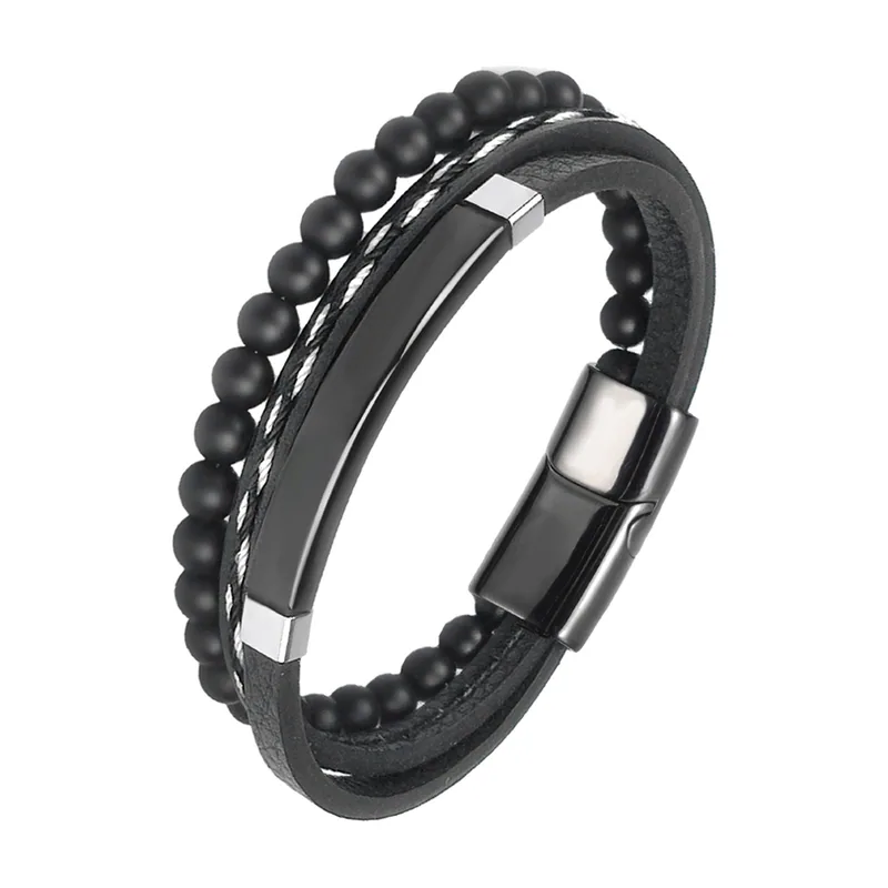 Multi-Layer Leather Bracelet with Tiger's Eye and Ao Charm, Stainless Steel