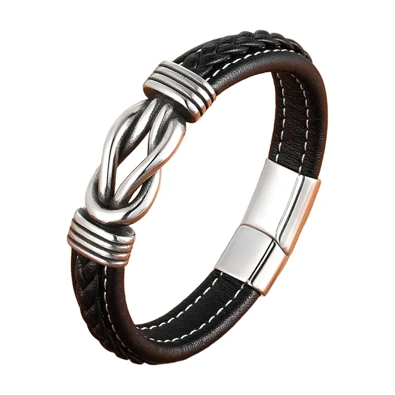 Bracciale in pelle intrecciata con dettaglio nodo, acciaio inossidabile