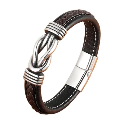 Bracciale in pelle intrecciata con nodo geometrico, acciaio inossidabile