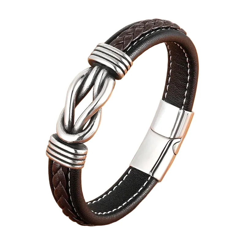 Braided Leather Bracelet with Geometric Knot, Stainless Steel